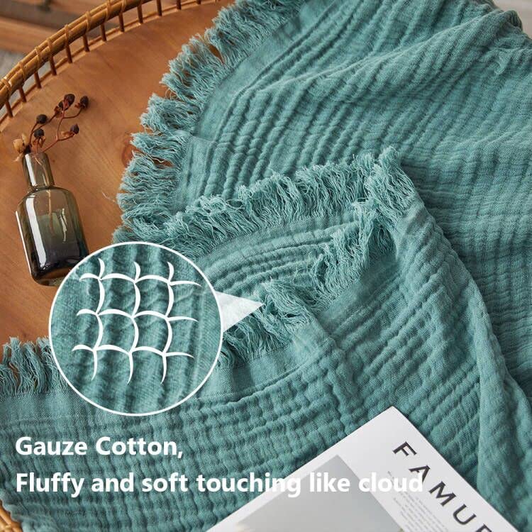 Simple&Opulence Cotton Muslin Throw Blanket for Bed, Couch, Knit Woven Gauze Blanket with Tassels, Soft Lightweight Cozy Pre-Washed Breathable Farmhouse Decoration for All-Season (Dark Green) - Image 2